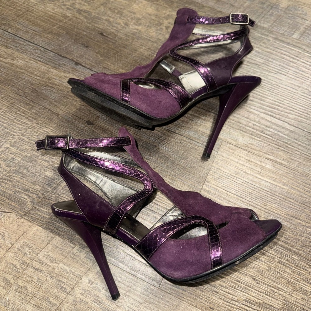 GUESS Lea Womens 6M Purple Plum Suede Metallic Strappy Stiletto Heels Y2K